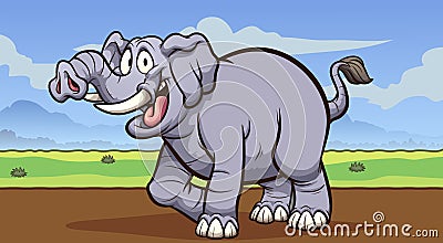 Happy cartoon gray elephant walking on a savanna background Vector Illustration