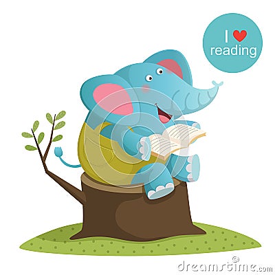 Cartoon elephant reading a book Vector Illustration