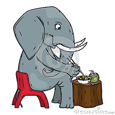 Cartoon elephant sitting on a chair and eating lunch. Elephant. Vector illustration. Vector Illustration