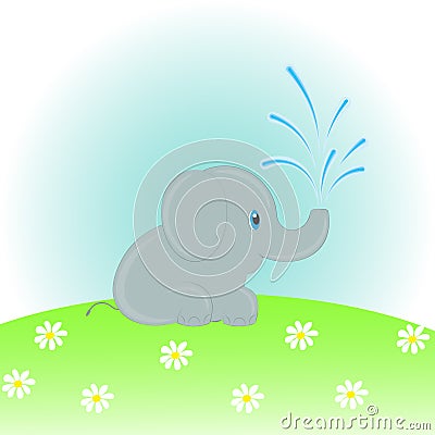 Cartoon elephant watering flowers in the meadow. Vector illustration. Vector Illustration