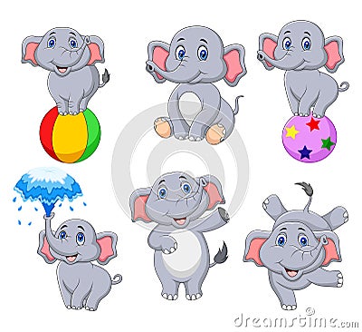 Cartoon elephants collection with different actions Vector Illustration