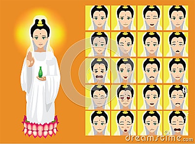 Manga Style Chinese Diety Guan Yin Cartoon Character Emotions Vector Illustration