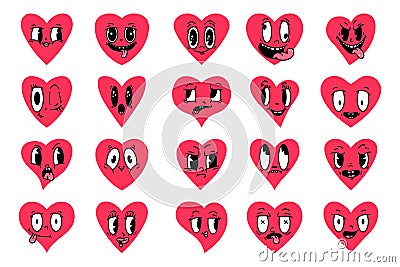 Cartoon emotional faces red hearts. Cute mascot heart, vintage emotions. Love and romantic valentines day characters Vector Illustration