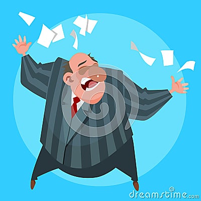Cartoon emotional man angrily scatters sheets of paper Vector Illustration