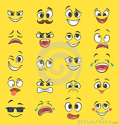 Cartoon emotions with funny faces with big eyes and laughter. Vector emoticons on yellow background Vector Illustration