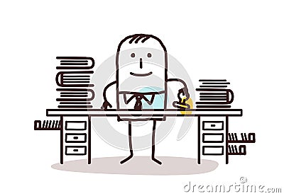 Cartoon employee man working at his desk Vector Illustration