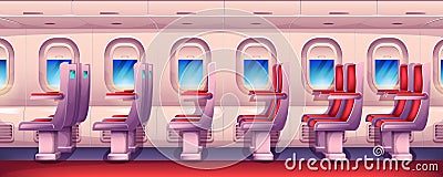 Cartoon empty airplane interior with windows and passenger seats Vector Illustration