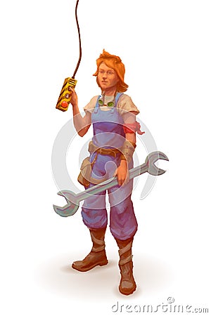 Cartoon engineer, female mechanic character on white Stock Photo