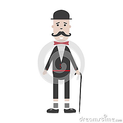 Cartoon english, british gentleman mustache holding stick Vector Illustration