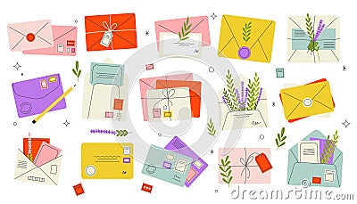 Cartoon envelopes with letters. Open and closed blank postcards with address and stamp, send and receive greeting cards Vector Illustration