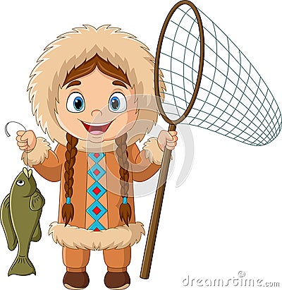 Cartoon eskimo girl catching a fish with net Vector Illustration