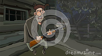 Cartoon evil grandfather with a gun at night in the village Vector Illustration