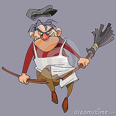 Cartoon evil male janitor breaks the broom on his knee Vector Illustration