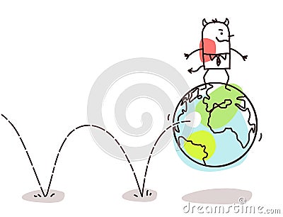 Cartoon Evil Man Playing and Bounces with the Earth Vector Illustration