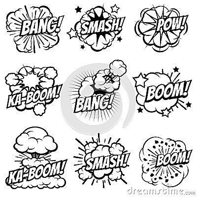 Cartoon explode icons. Comic book explosion bubbles. Pop art big bang and boom smoke clouds vector set Vector Illustration