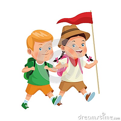 Cartoon explorer girl and boy icon Vector Illustration