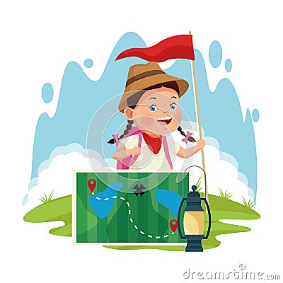 Cartoon explorer girl with forest map and lantern Vector Illustration