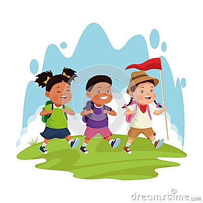 Cartoon explorer girl and kids Vector Illustration