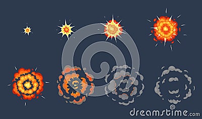 Cartoon explosion animation. Exploding effect frames, animated shot explode with smoke clouds vector illustration set Vector Illustration