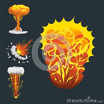 Cartoon explosion boom effect animation game sprite sheet explode burst blast fire comic flame vector illustration. Vector Illustration