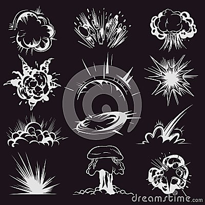 Cartoon explosion effect. Comic energy blast, smoke cloud with shining trails particles, white fire flash isolated Vector Illustration