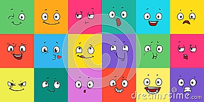 Cartoon expression faces. Comic emoji emotions, funny face. Winking, scary and laughing caricatures. Eyes and mouth Vector Illustration