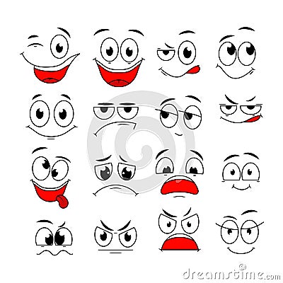 Cartoon expressions. Cute face elements eyes and mouths with happy, sad and angry, disbelief emotions. Caricature vector Vector Illustration