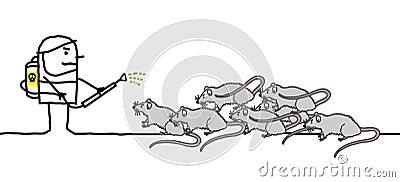 Cartoon Exterminator Man with Rats Vector Illustration