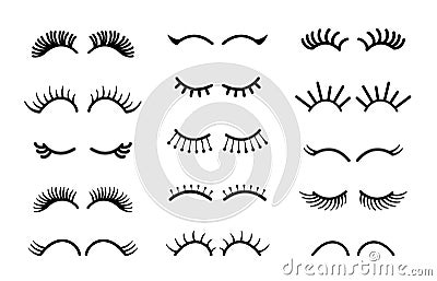 Cartoon eyelashes. Cute unicorn face lashes, pretty closed animal eyes isolated on white. Vector simple eyelash set Vector Illustration