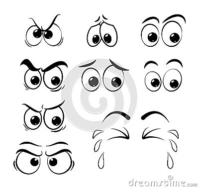 Cartoon eyes set - sad, angry, cry isolated on white background Vector Illustration