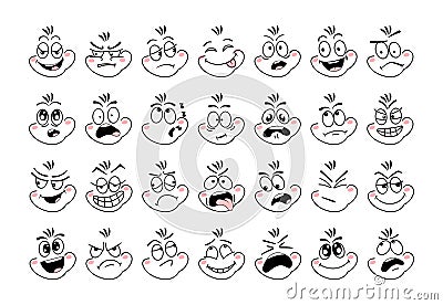 Cartoon face emoji eye. Expressive emotion eyes and mouth, smiling, crying and surprised character face. Emotions of joy, surprise Vector Illustration