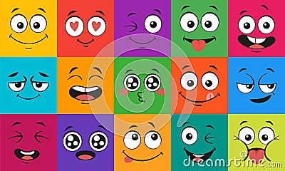 Cartoon face expressions. Happy surprised faces, doodle characters mouth and eyes vector illustration set Vector Illustration