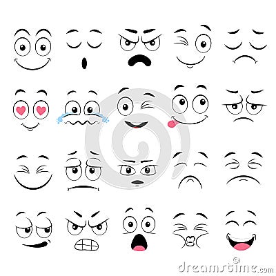 Cartoon faces. Expressive eyes and mouth, smiling, crying and surprised character face expressions. Caricature comic emotions or Vector Illustration