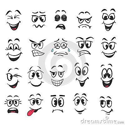 Cartoon faces. Expressive eyes and mouth, smiling, crying and surprised character face expressions. Caricature comic emotions or Vector Illustration