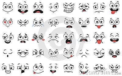 Cartoon faces. Expressive eyes and mouth, smiling, crying and surprised character face expressions vector illustration Vector Illustration