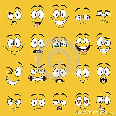 Cartoon faces. Funny face expressions, caricature emotions. Cute character with different expressive eyes and mouth Vector Illustration