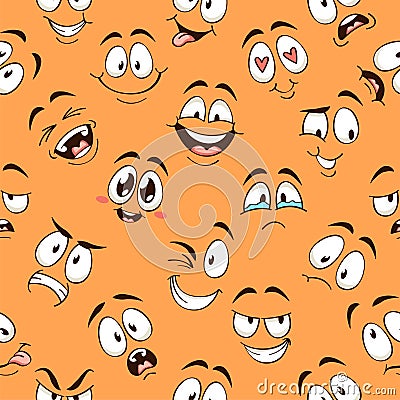 Cartoon faces seamless pattern. Caricature comic emotions with different expressions eyes and mouth, funny characters Vector Illustration