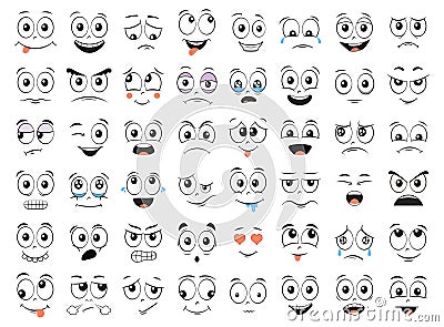 Cartoon faces set. Angry, laughing, smiling, crying, scared and other expressions. Vector Vector Illustration