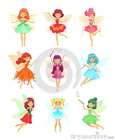 Cartoon fairies characters. Fairy creatures with wings and magic wands. Fabulous flying elf dress girls with flower Vector Illustration