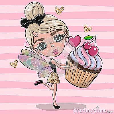 Cartoon fairy girl with Cupcake on a pink background Vector Illustration