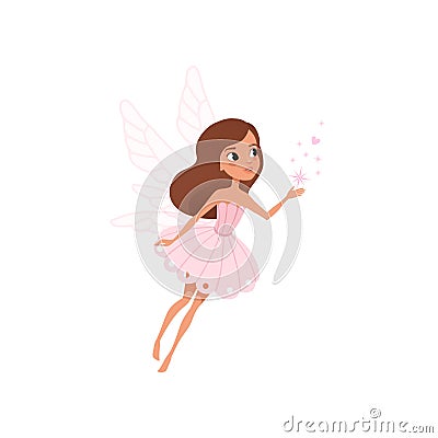 Cartoon fairy girl flying and spreading magical dust. Brown-haired pixie in cute pink dress. Fairytale character with Vector Illustration