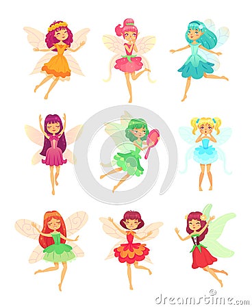 Cartoon fairy girls. Cute fairies dancing in colorful dresses. Magic flying little creatures characters with wings vector set Stock Photo