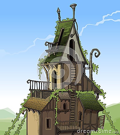 Cartoon fairy house overgrown plants Vector Illustration