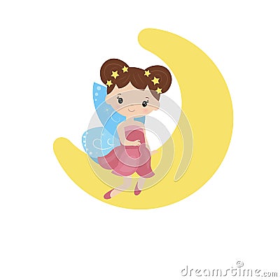 Cartoon fairy sitting on the moon Vector Illustration