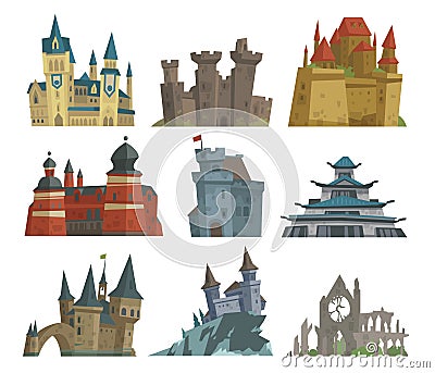 Cartoon fairy tale castle key-stone palace tower icon scarry knight medieval architecture building vector illustration. Vector Illustration