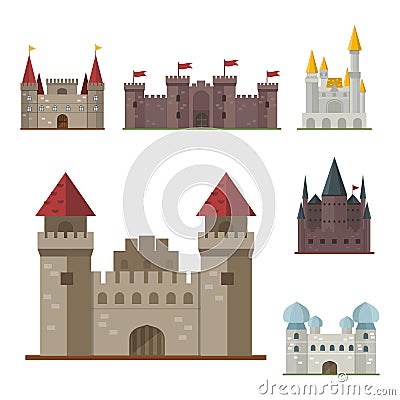 Cartoon fairy tale castle tower icon cute architecture fantasy house fairytale medieval and princess stronghold design Vector Illustration