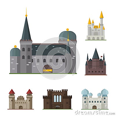 Cartoon fairy tale castle tower icon cute architecture fantasy house fairytale medieval and princess stronghold design Vector Illustration