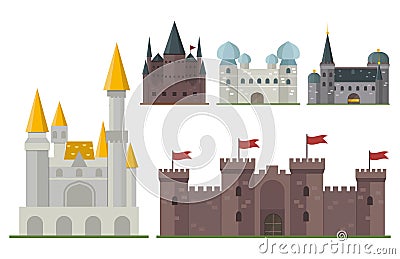 Cartoon fairy tale castle tower icon cute architecture fantasy house fairytale medieval and princess stronghold design Vector Illustration