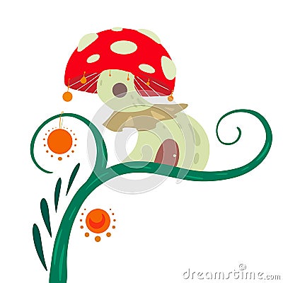 Cartoon fairy tale house fly agaric on a liana with lanterns for fairies and gnomes on a white background. A fabulous home Vector Illustration