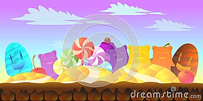 Cartoon fairy tale landscape. Candy land illustration for game design. Vector Illustration